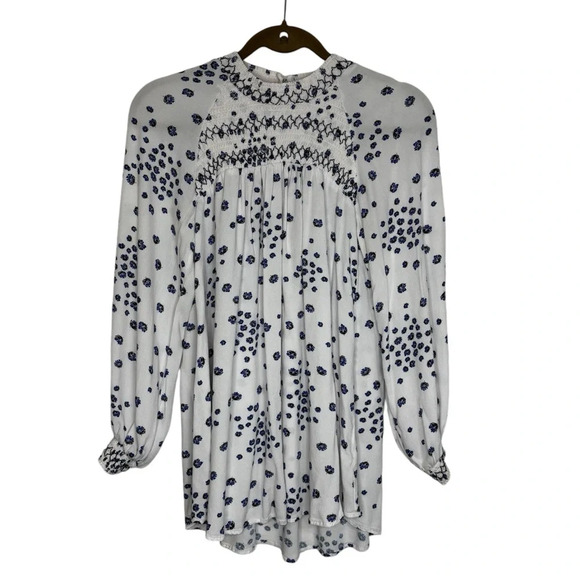 Free People Top Women Small White Blue Smocked Long Sleeve Blouse Romantic Cute - Picture 1 of 14